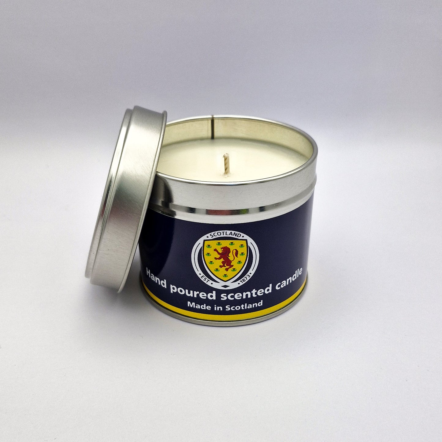 National Scotland Team candle in blue with metal lid removed and placed to the side
