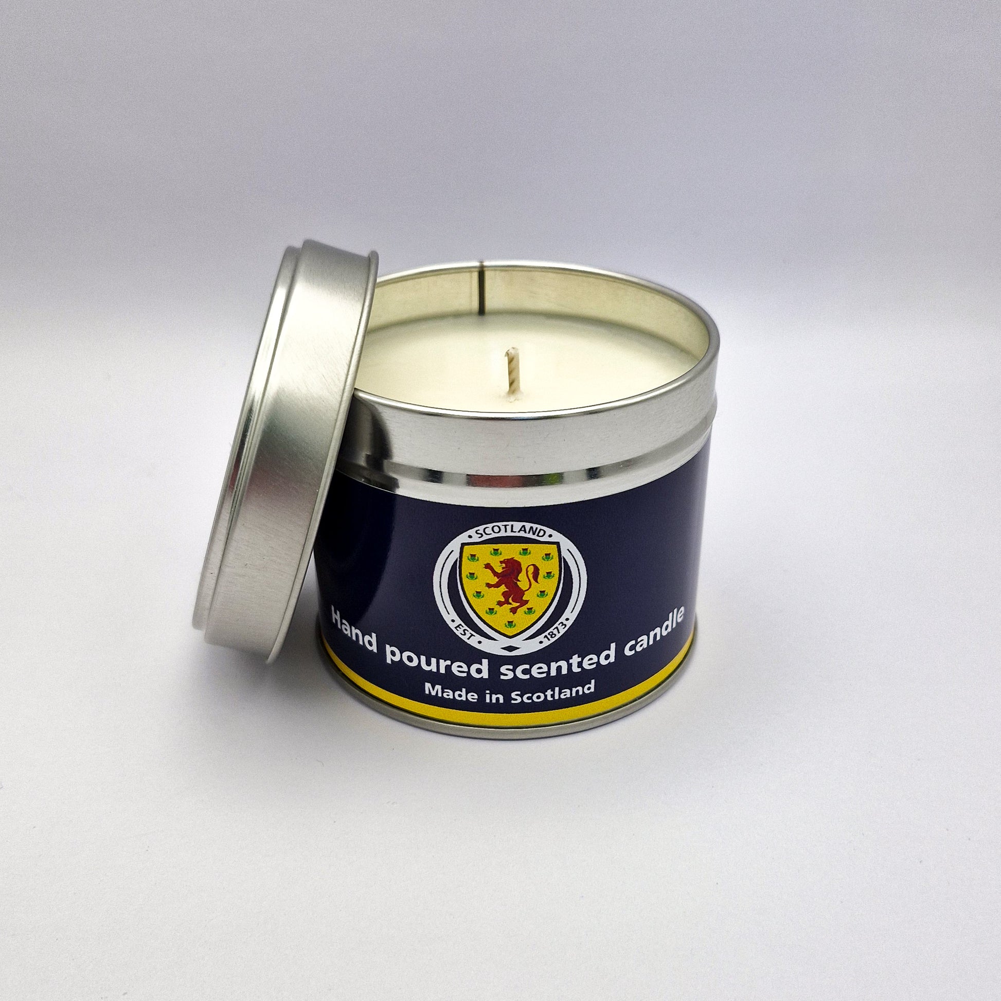 National Scotland Team candle in blue with metal lid removed and placed to the side