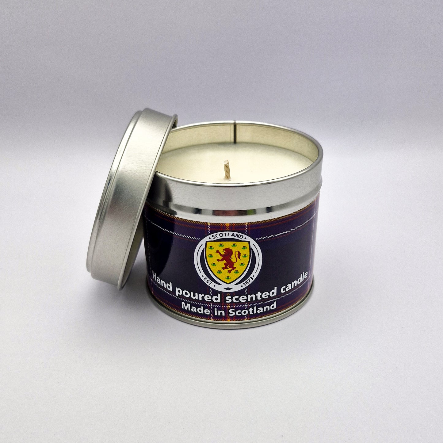 National Scotland Team candle in tartan with metal lid removed and placed to the side