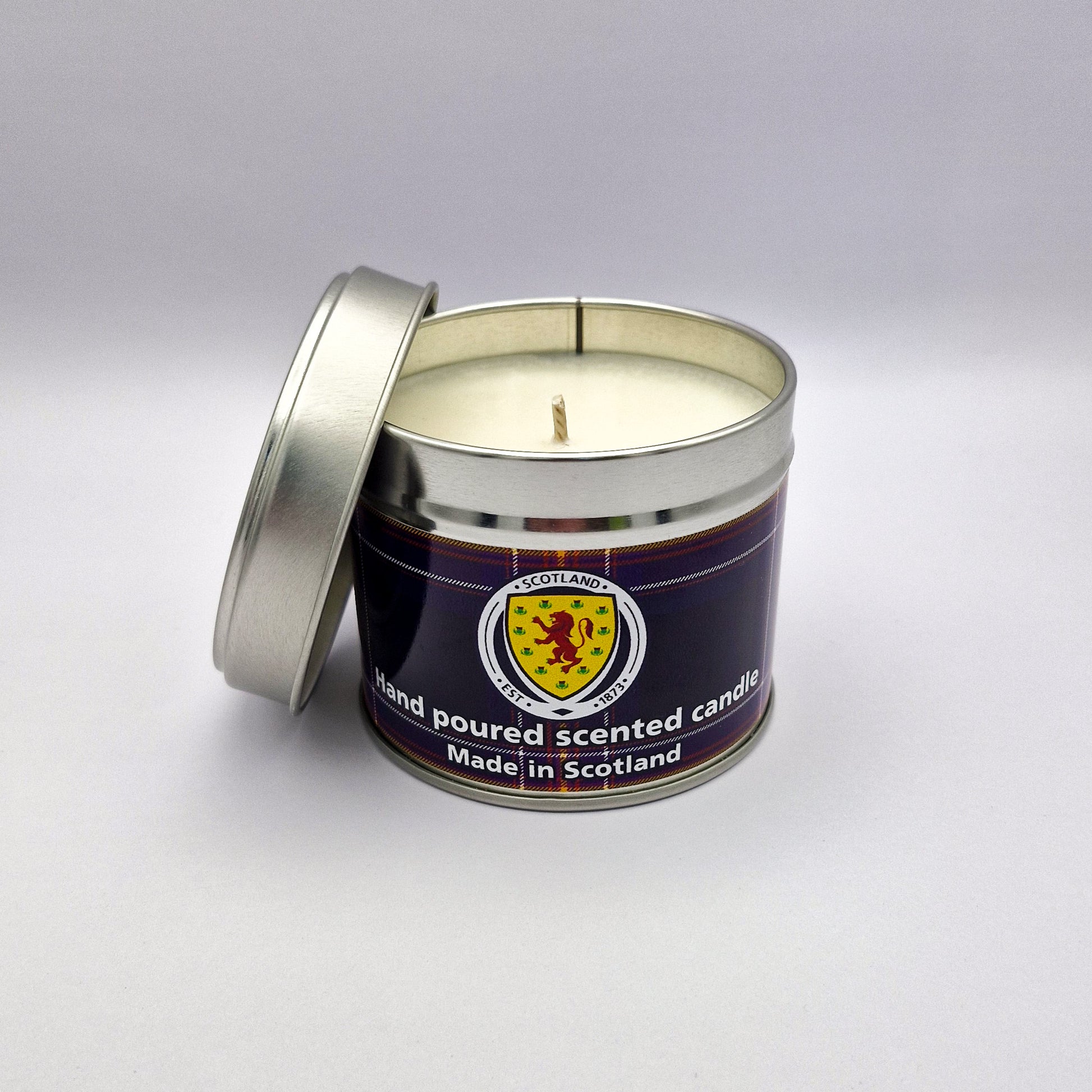 National Scotland Team candle in tartan with metal lid removed and placed to the side