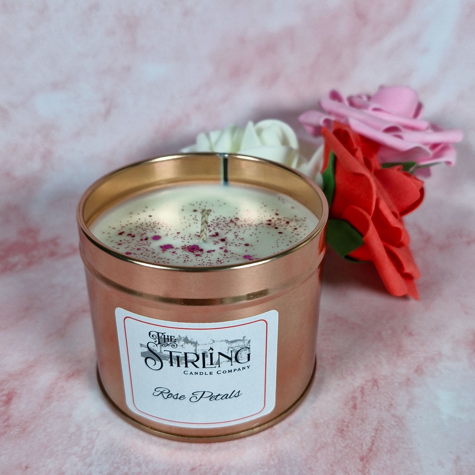 Rose Petal travel tin candle with lid off