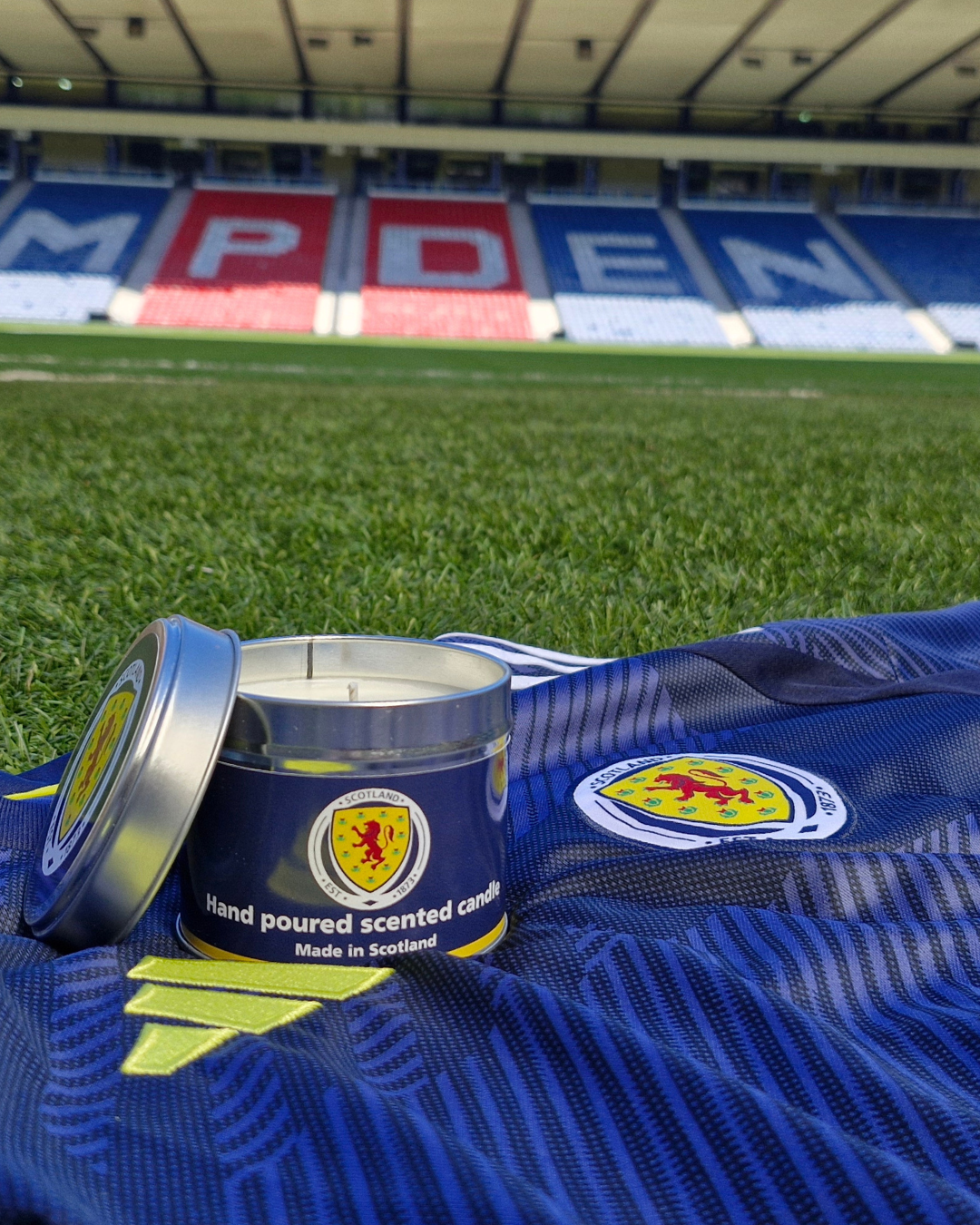 National Scotland Team candles set on the home kit at Hampden Park football stadium
