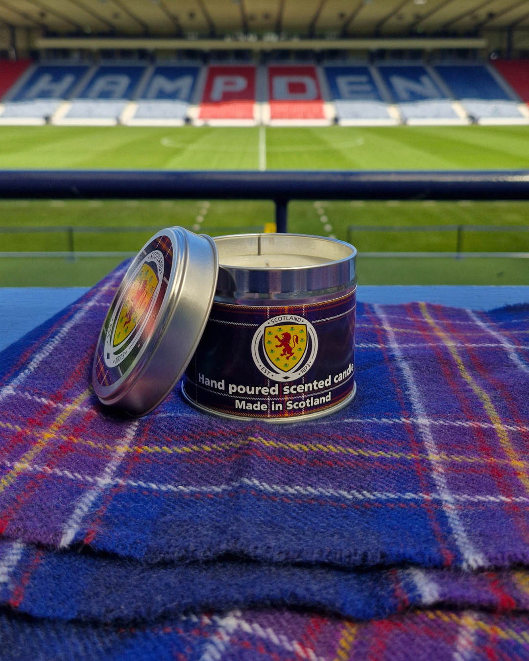 National Scotland Team candles set on a tartan scarf at Hampden Park football stadium