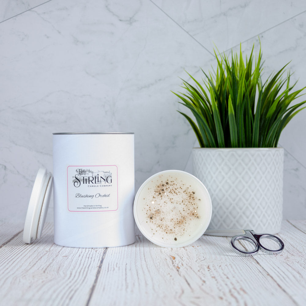 Blushing Orchid large white candle with glitter