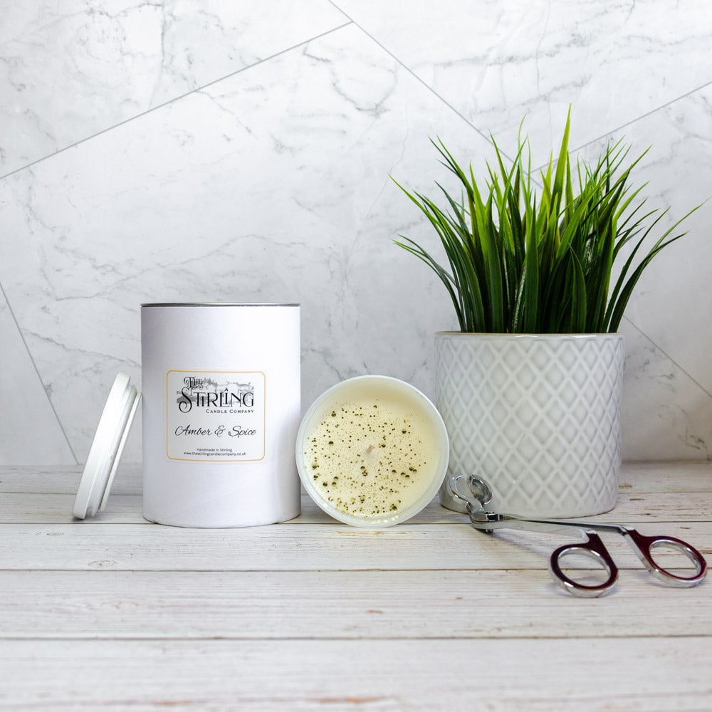 Amber and Spice large white candle top view