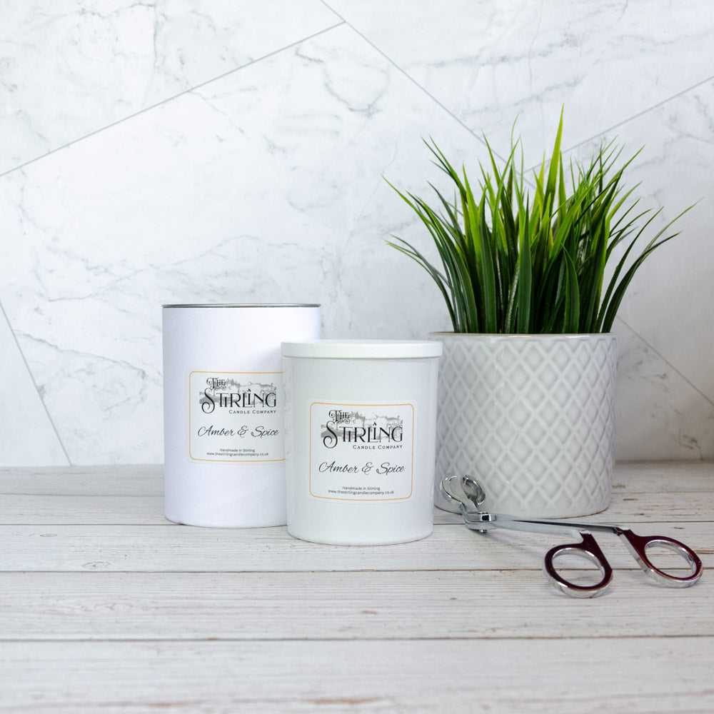 Amber and Spice large white candle