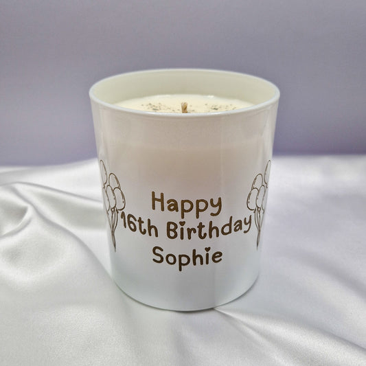 Custom candle with the words Happy 16th Birthday Sophie