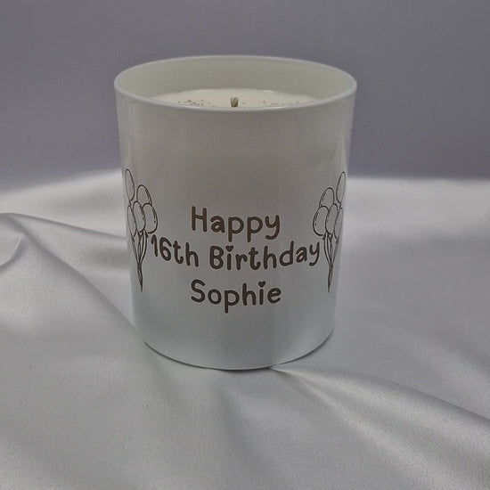 Custom candle with the words Happy 16th Birthday Sophie