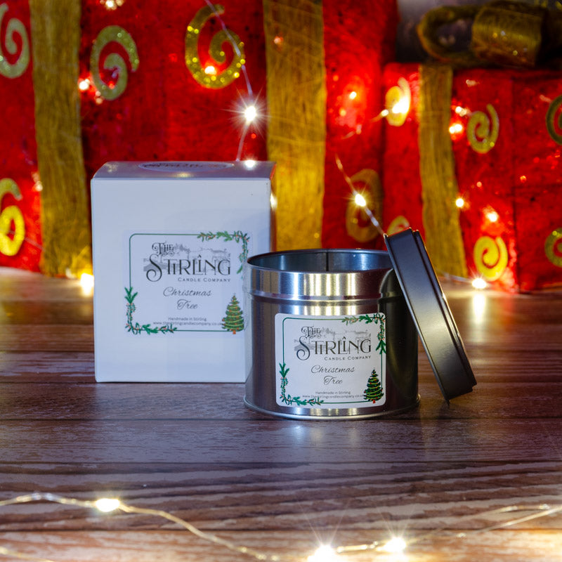 The Stirling Candle Company medium travel tin candle with box in the fragrance Christmas Tree