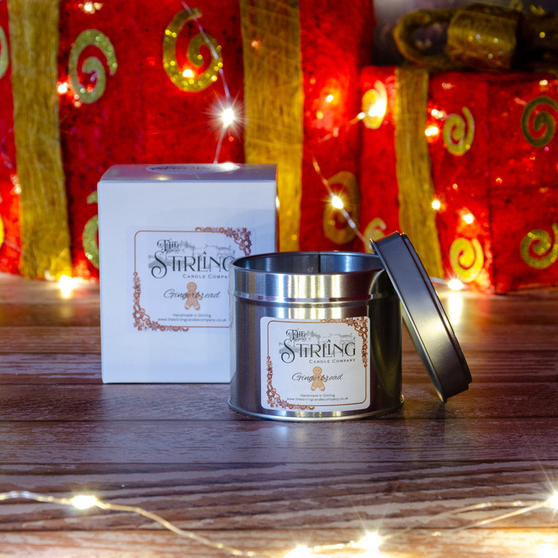The Stirling Candle Company medium travel tin with box candle in the fragrance Gingerbread
