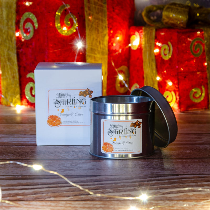 The Stirling Candle Company medium travel tin candle with box in the fragrance Orange & Clove