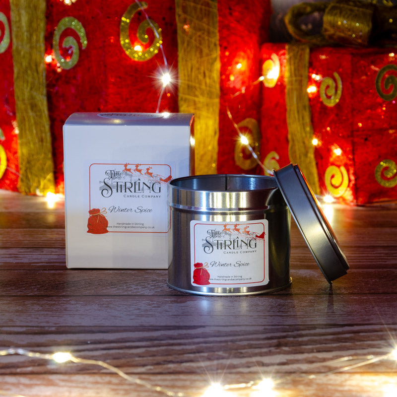 The Stirling Candle Company medium travel tin candle with box in the fragrance Winter Spice