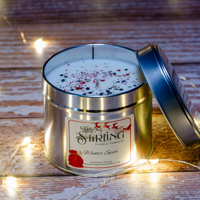 The Stirling Candle Company medium travel tin candle in the fragrance Winter Spice